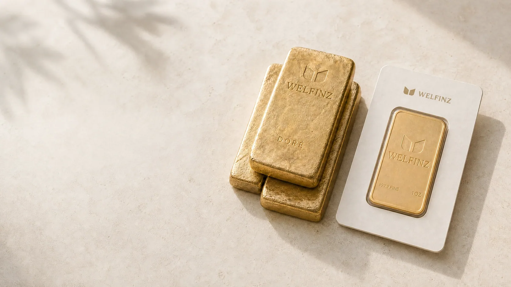 Welfinz cast doré bars alongside a sealed 1oz minted bar in tamper-evident packaging — institutional-grade output