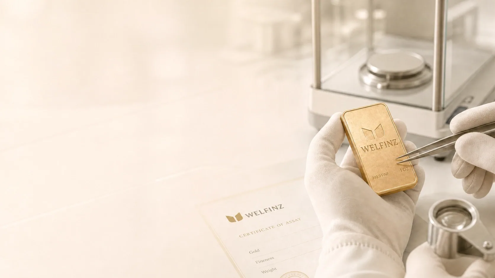 Gloved hands inspecting a Welfinz bar over an assay certificate and precision scale — ethical handling