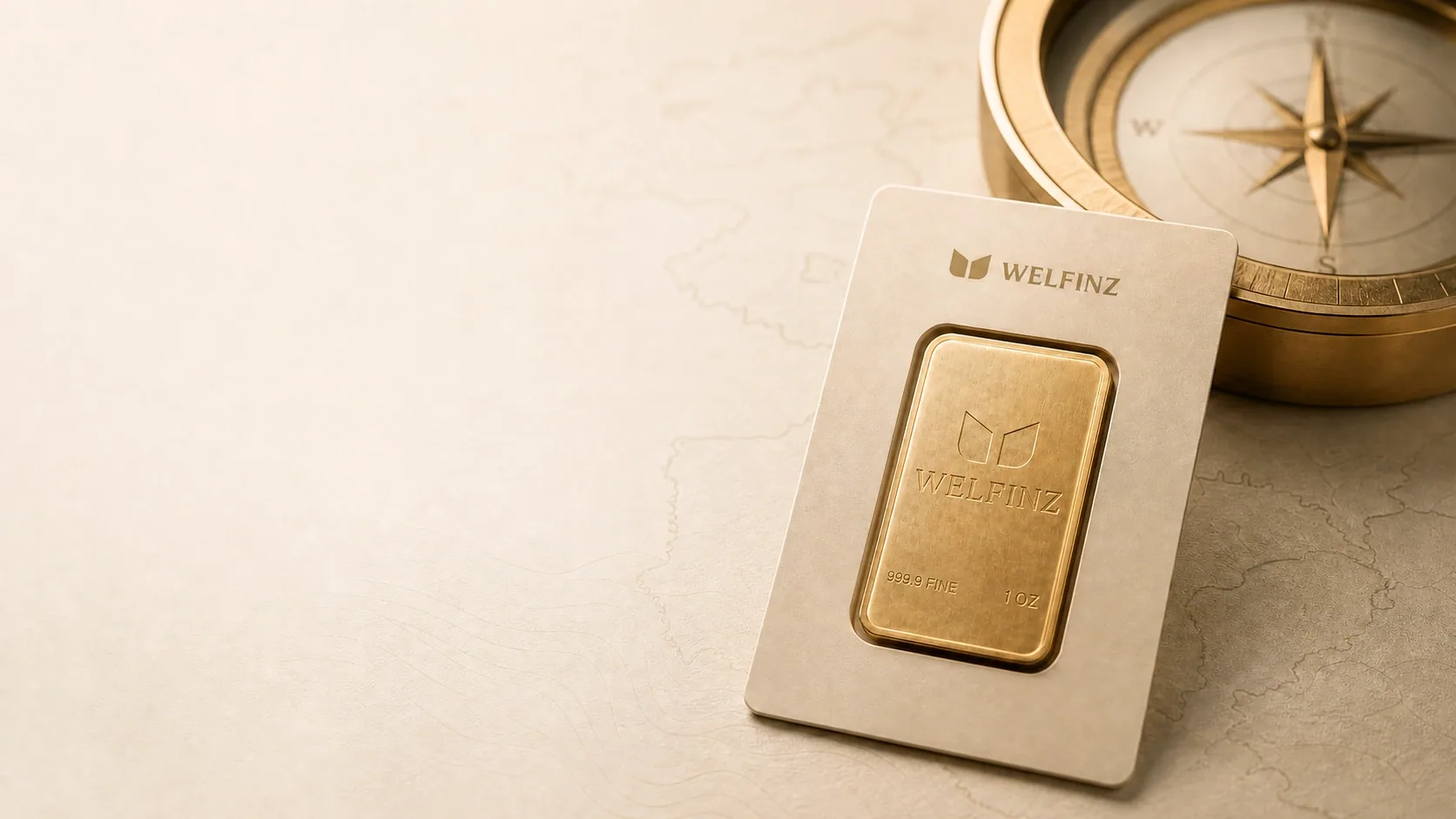 Sealed Welfinz 1oz minted bar on vintage map paper beside a brass compass — sourcing and origin